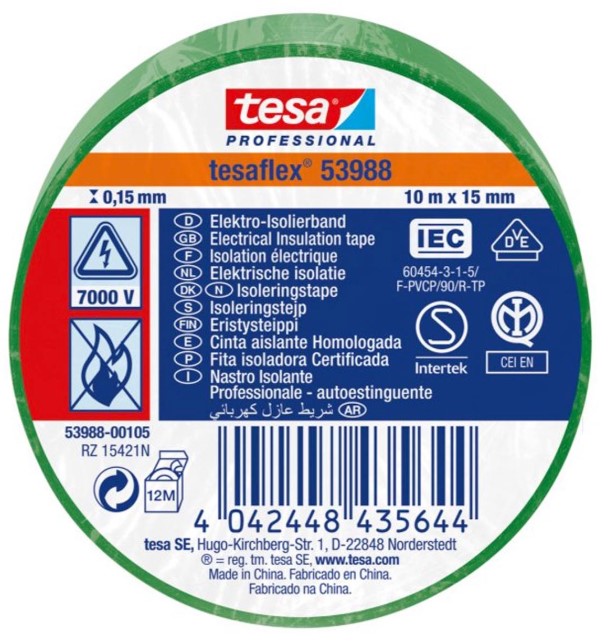 Cinta aisladora verde 15MM X 10M
