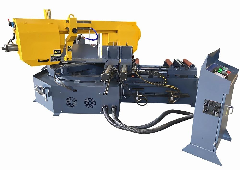 Sierra cinta automática CNC corte angular 0–45°, ø330 mm a 90°, 4 kw, alimentador automático, con variador